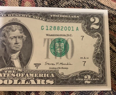 12882001 (December 8, 2001) $2 Two Dollar Bill Fancy Serial Number Birthday Note - Image 1 of 3