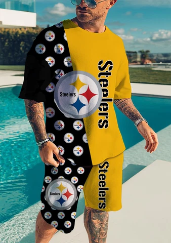 Pittsburgh Steelers Men's 2 Piece T-Shirts Swim Trunks Set Suits Beach Shorts Cover