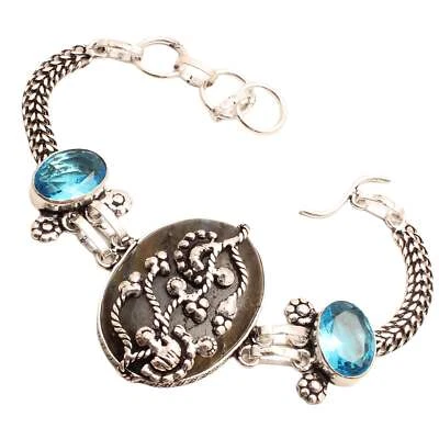 Pietra Labradorite Placcato Argento Bracciale Handmade Gioielli Regalo 20 Gr - Immagine 1 di 3