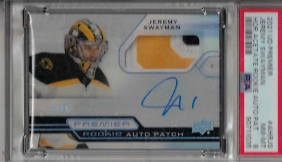 2021-22 UD Premier Jeremy Swayman Acetate rookie patch auto /99 card PSA 8 MINT - Image 1 of 2