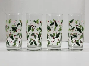 Set of 4 Vintage Libbey Drinking Glass Christmas Holly Berries Tumbler Clear - Picture 1 of 7