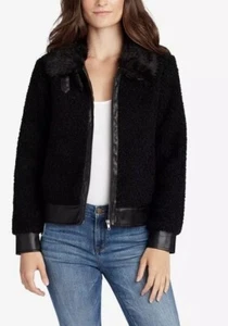 William Rast Faux Fur Trim Bomber Jacket Vegan Faux Leather Black L $169.50 NWT - Picture 1 of 10