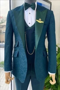 Traje de 3 piezas para hombre verde jacquard cachemira chal solapa graduación novio esmoquin boda - Imagen 1 de 8