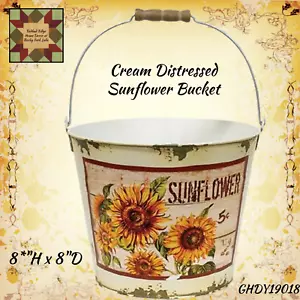 Vintage Style Cream Distressed Sunflower Bucket - Picture 1 of 2