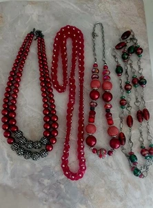 Vintage Lot Of Red Bead Boho Glam Necklaces Holiday - Picture 1 of 6