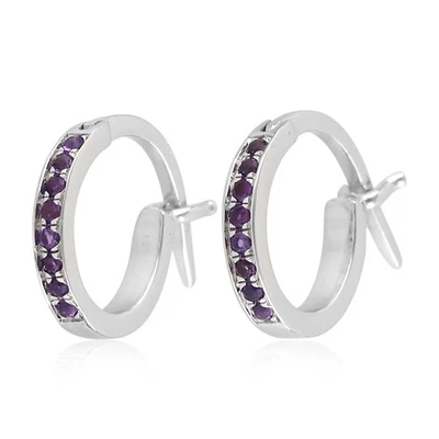 14K White Gold Small Amethyst Huggie Hoops Modern Purple Gemstone Earrings - Image 1 of 4