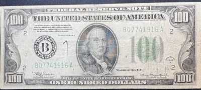 1934A $100 Fed Res Note NY FRN – Green Seal–Old Large Portrait Benjamin Franklin - Image 1 of 2