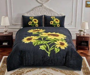 SUNFLOWER BLACK BLANKET  WITH SHERPA VERY SOFTY THICK & WARM 3 PCS KING SIZE - Picture 1 of 1