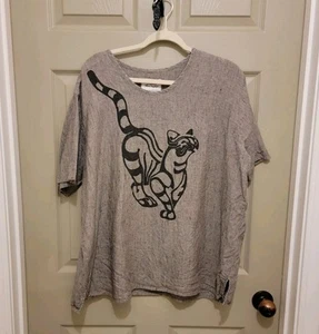 FLAX Jeanne Engelhart Short Sleeve Linen BOXY Top Lagenlook Gray Brown L Cat - Picture 1 of 9