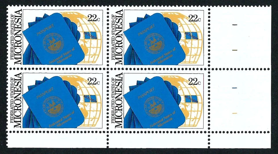 MICRONESIA, SCOTT # 53, PLATE BLOCK OF FIRST PASSPORT, TRAVELLING DOCUMENT, MNH - Image 1 of 1