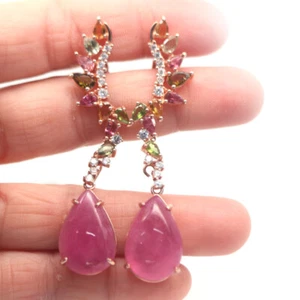 Gemstone Pink Ruby, Tourmaline & Cubic Zirconia Earrings 925 Sterling Silver - Picture 1 of 4