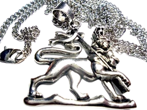 SILVER PLATED LION OF JUDAH pendant necklace w/ 27" CHAIN LARGE RASTA new w/tag - Picture 1 of 7