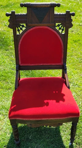 Antique Victorian Chair Hand Carved Wood Designs Red Velvet Front Casters Turned Cover