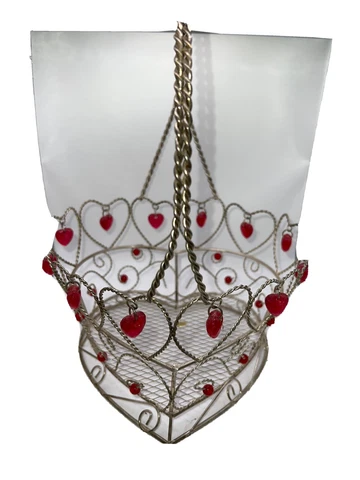 Twisted Heart Shape Wire Basket with Red Plastic Hearts and Beads Vintage Cover