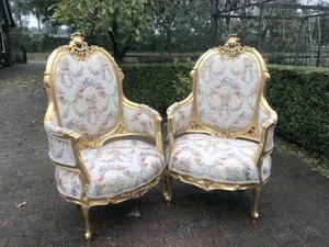 Chairs French Louis XVI Gold Damask Bergère Pair – 20th Century Elegance - Picture 1 of 12