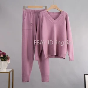 Womens Autumn/winter Warm V-neck Bottom Sweater + Pocket Pants Two-piece Set - Picture 1 of 28