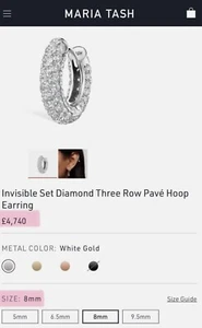 MARIA TASH Invisible Set Diamond Three Row Pavé Hoop Earring 8 MM RRP £4740 NEW - Picture 1 of 1