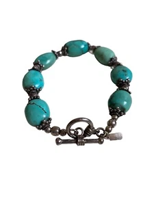 Turquoise Bracelet Sterling Silver Beads Between Toggle Clasp 26 Grams 8 Inches - Picture 1 of 10