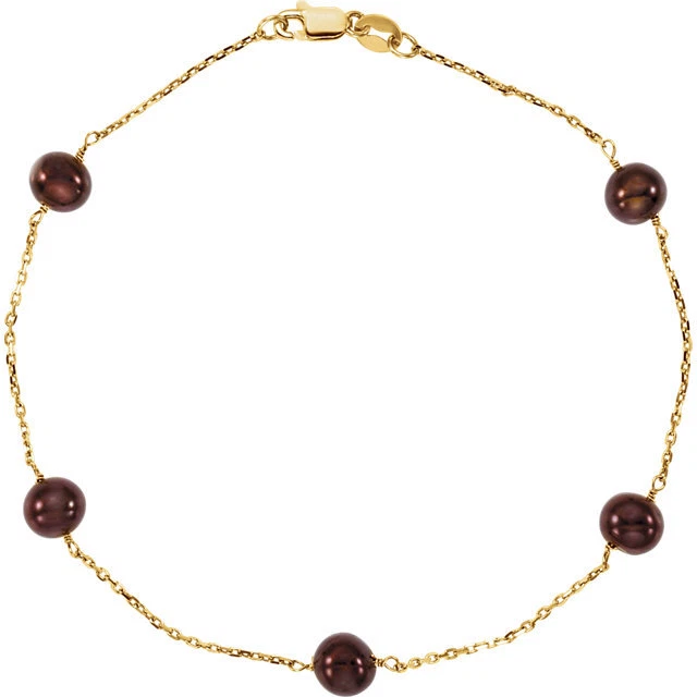 Brazalete de perlas de chocolate de oro amarillo de 14 quilates con eslabones de cadena de cable estación de perlas de 7,5 pulgadas Foto 1 de 3