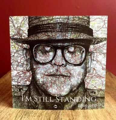 THE ART OF THE NORTH Elton John Greeting Card. Pen Drawing Over Map Of North London.Blank Inside