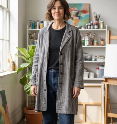 FLAX 100% Linen Button Lagenlook Duster Black Stripe Medium - Image 1 of 4