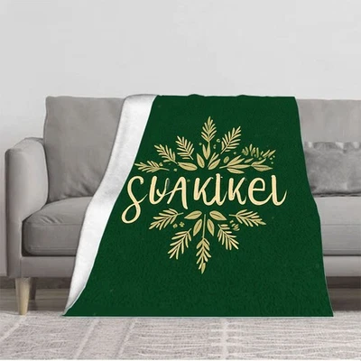 Elegant Dark Green Flannel Blanket with Golden Leaf Design - Soft Cozy Durable  - Image 1 of 4