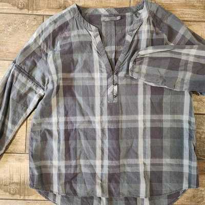prAna Women's Elena Long Sleeve Grey Plaid Shirt 1/2 Button-Down Size Large - Image 1 of 4