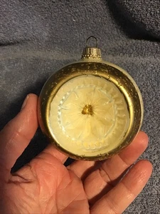 Vtg Glass Ball Ornament INDENT Gold Glitter Marked K Germany Retro - Picture 1 of 8
