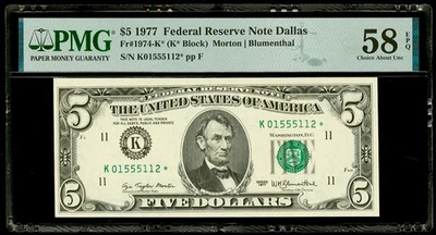 1977 $5 Dollar Star Note Federal Reserve Dallas PMG 58 EPQ Serial # K01555112* - Image 1 of 2