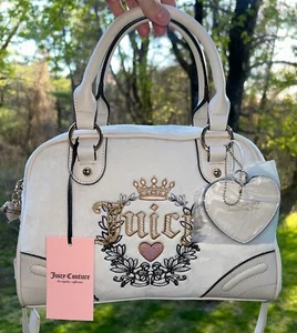 NEW! NWT JUICY COUTURE Heritage Bowler Velour Crossbody Bag in Angel Ivory - Picture 1 of 9