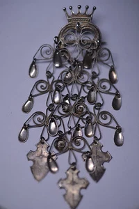 VINTAGE 830 SILVER 4.5 INCHES LONG SOLJE PIN NORWAY HEART WITH CROWN & 3 CROSSES - Picture 1 of 7