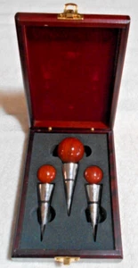 Set of 3 Wooden and Metal Bottle Stoppers in Wooden Box - Picture 1 of 2