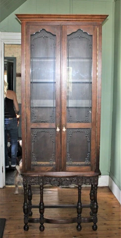 High Curio Cabinet Walnut Rare Accent Piece / Carved / Etched Glass Doors Cover