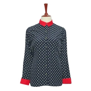 Womens Silky Shirt Button Up Blue Polka Dot Red Corduroy Collar Retro Tunic M - Picture 1 of 7