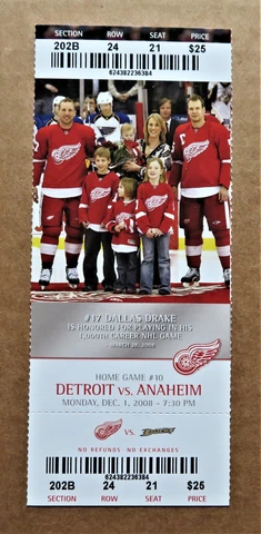 Red Wings Nicklas Lidstrom ticket stub Dec 1, 2008 - Wings vs Anaheim Cover