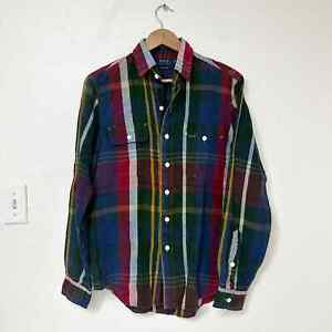 Mens POLO Ralph Lauren Indigo Madras Linen Button Up Work Shirt Long Sleeve XS