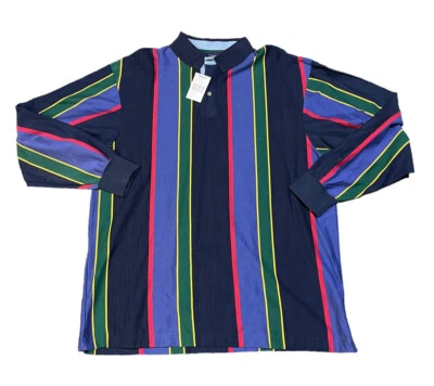 Vintage NOS The Arrow Company LS Polo Grande Vermelho Amarelo Verde e Azul Listrado NOVO - Imagem 1 de 4