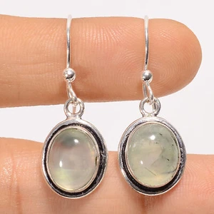 Natural Prehnite Gemstone 925 Silver Handmade Dangle Earrings 1.3" ARE-4486 - Picture 1 of 3