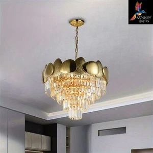 New, Gold Round 5 tiered, contemporary chandelier with a leaf crystal - Picture 1 of 10