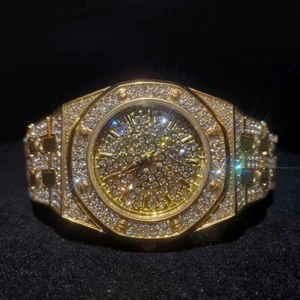 Mens Bling Watch Luxury Gold Plated Out Diamond Hip Hop Rapper Iced Watches - Picture 1 of 4