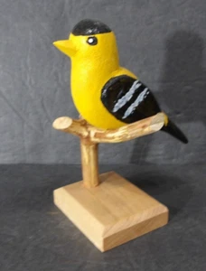 Hand Carved Wooden Bird Figurine On Perch Yellow & Black Hand Painted - Picture 1 of 8