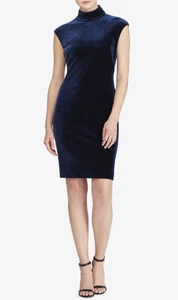 Lauren Ralph Lauren Dress Womens 0 Blue Velvet Sheath Mock Neck Cap Sleeve Party - Picture 1 of 8