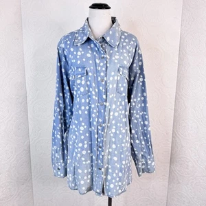 Karen Hart size 2x Top Light Denim Polka Dot Button Down Shirt Womens Blue White - Picture 1 of 5