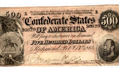 $500 "CONFEDERATE"  (LARGE DENOMINATION) "1800'S" $500 RARE "CONFEDERATE" NICE!! - Image 1 of 3
