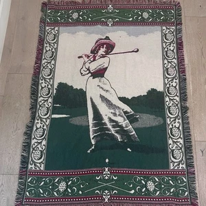 The Rug Barn Vittoriano Donna Golfista Lancio Coperta 47”x67” Arazzo Vintage - Foto 1 di 9