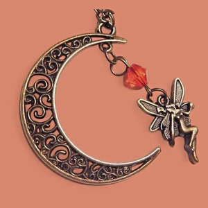 BRONZE FILIGREE MOON FAIRY PENDANT NECKLACE red luna fae crescent night 3G - Picture 1 of 4
