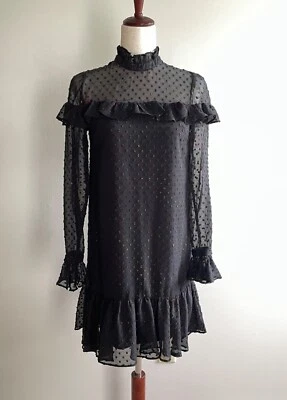 Betsey Johnson 高领荷叶边连衣裙女式 0 黑色透明闪亮 — 第 1/4 张图片