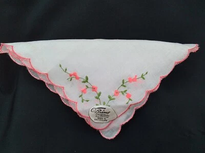 BURMEL SWITZERLAND 100% COTTON EMBROIDERED PINK FLOWERS HANDKERCHIEF SCALLOPED - Image 1 of 4