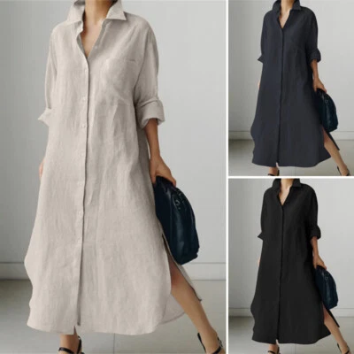 Vestido feminino manga longa camisa botão para baixo liso casual Abaya solto swing dress - Imagem 1 de 4