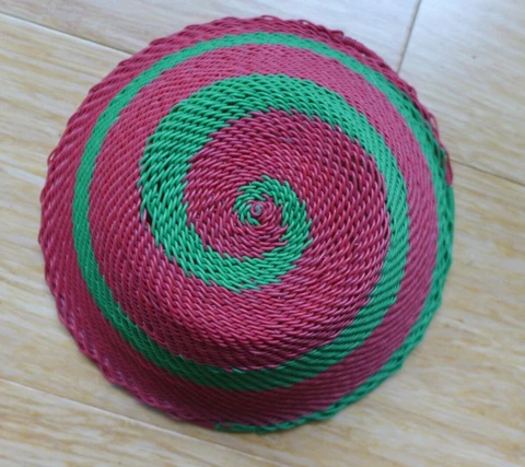 African Zulu Small Telephone Wire Red Green Xmas Swirl Handmade Basket Cover
